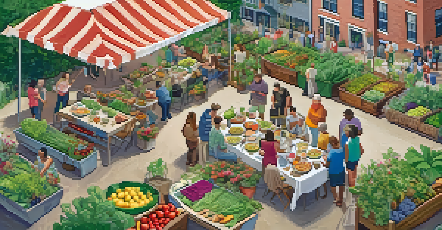 An aerial view of a community garden potluck with tables loaded with diverse dishes and people of various ages enjoying food and company amidst a vibrant garden setting.