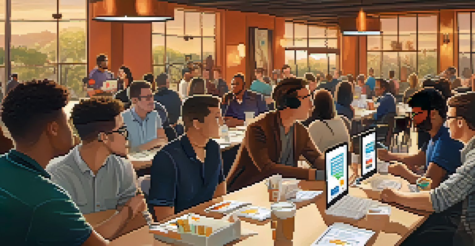 A networking event featuring coding bootcamp students and industry professionals exchanging ideas and business cards in a warm, inviting setting.
