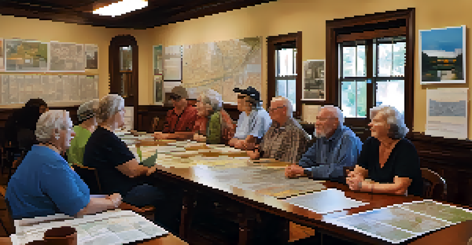A community meeting focused on preserving historic neighborhoods in Austin, with residents discussing over maps and documents in a warm, inviting room.