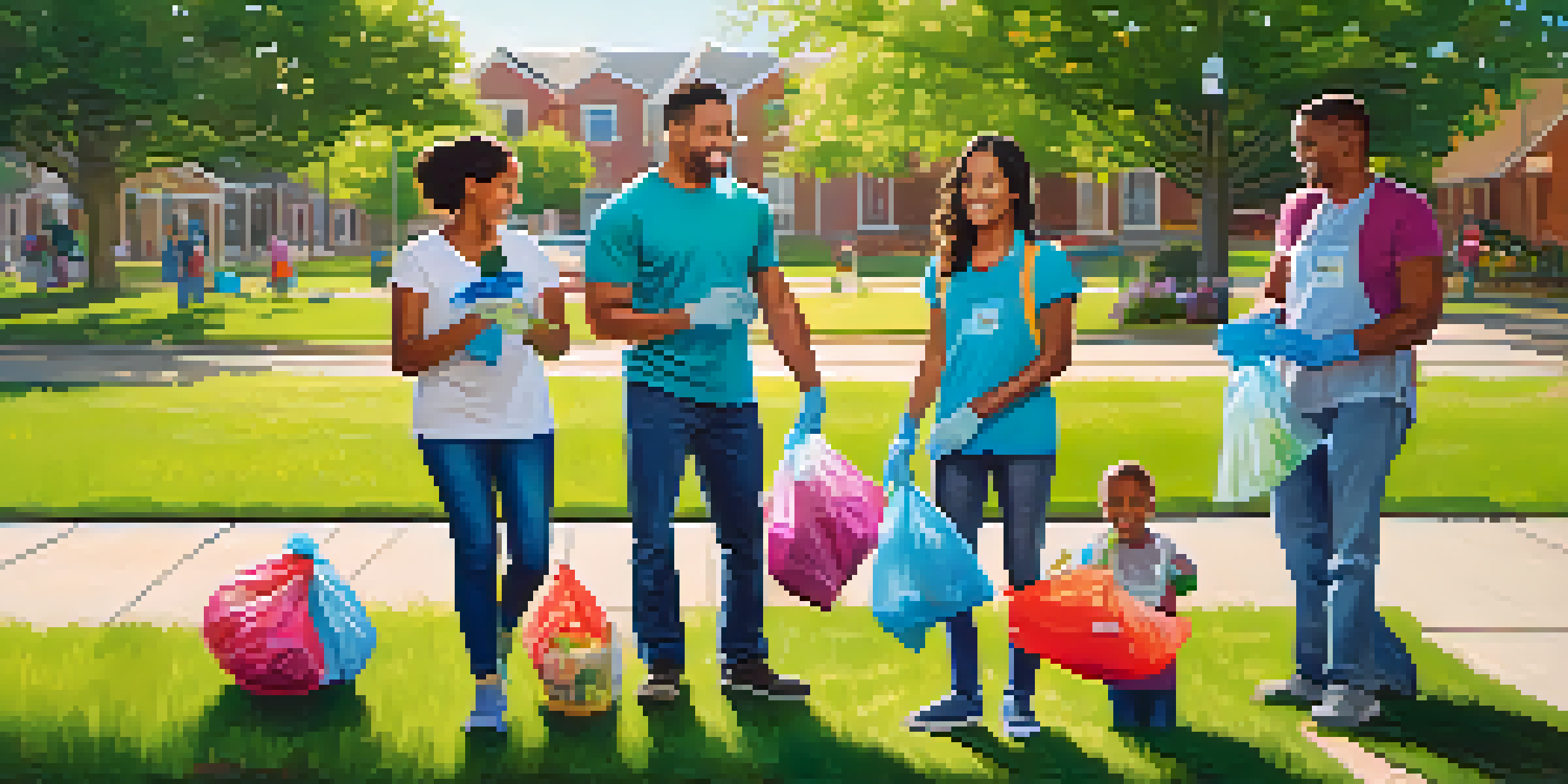 A family of four participating in a community clean-up day at a park, smiling and holding trash bags.
