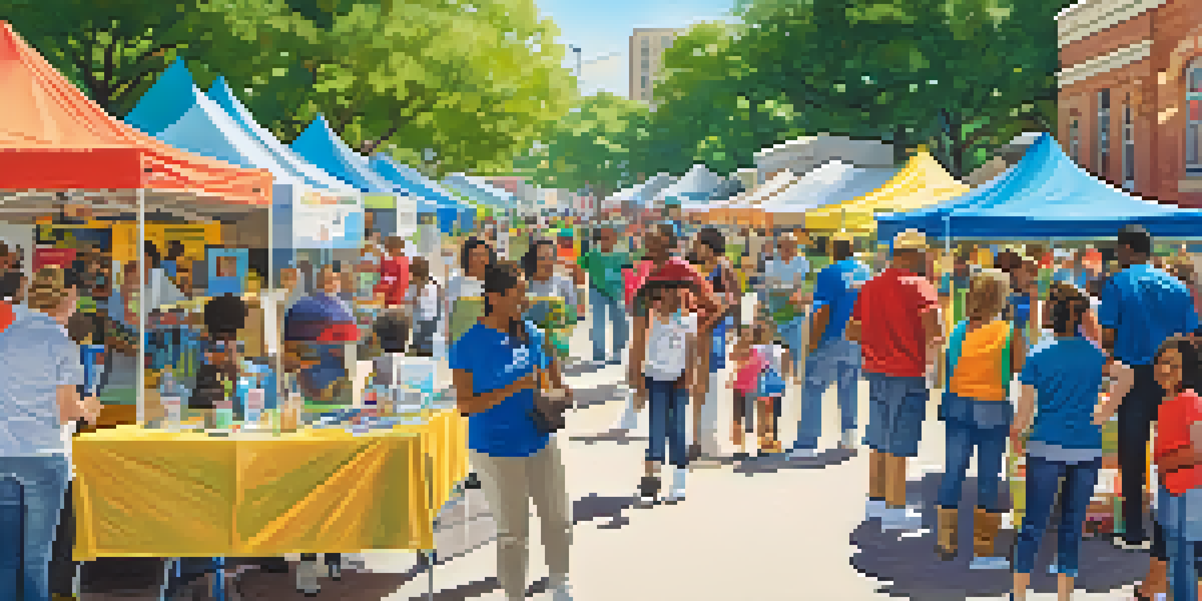 A lively health fair scene in Austin, showcasing diverse community members interacting around colorful booths and enjoying outdoor activities.