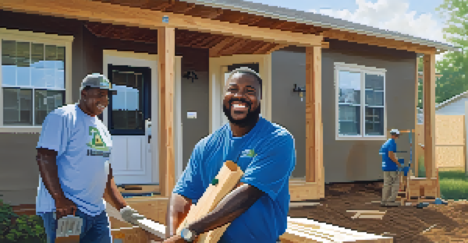 A volunteer assisting a family in front of their new home, showcasing joy and pride in the homeownership experience.