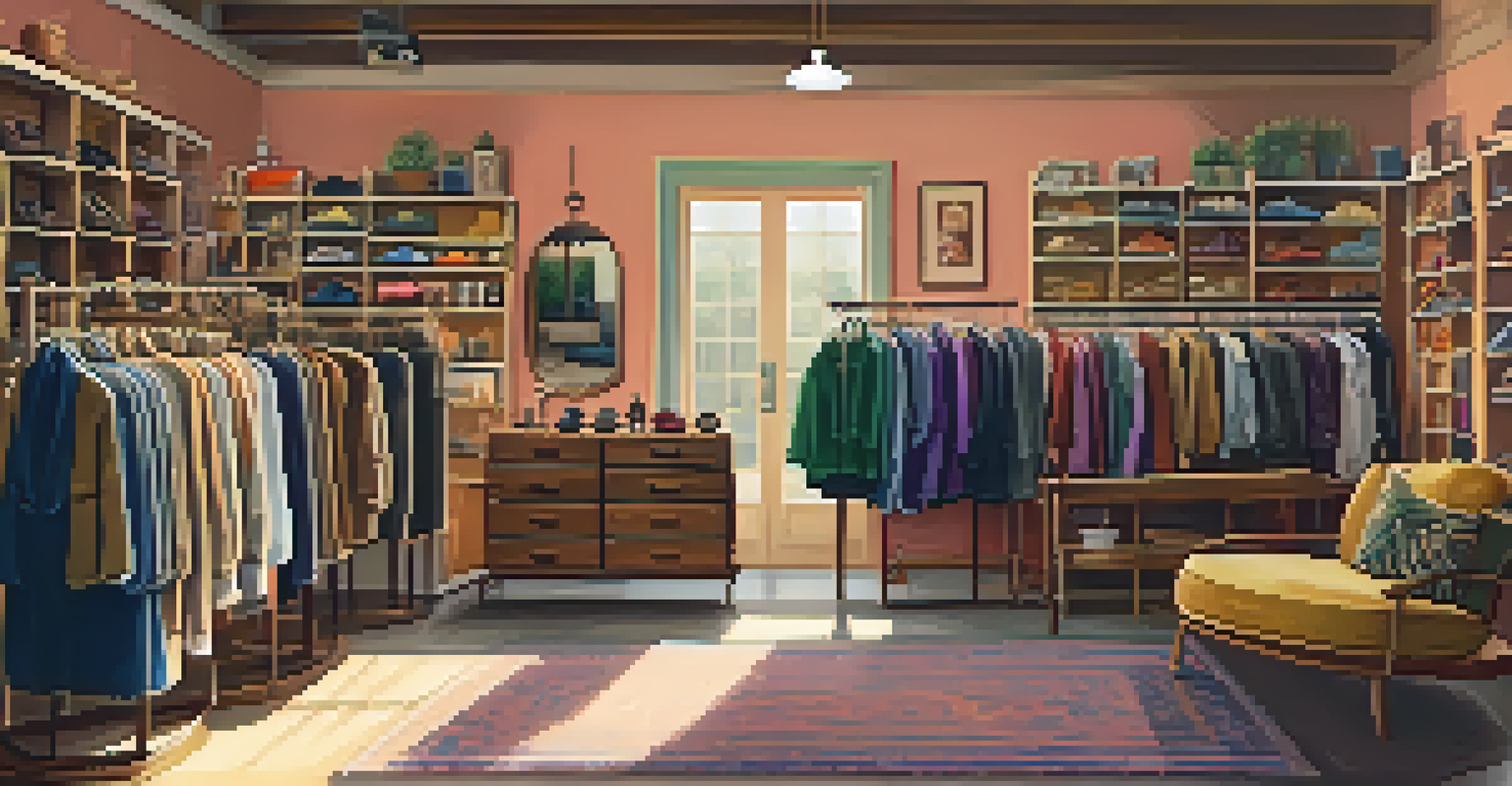 An inviting vintage thrift shop displaying racks of secondhand clothing in a warmly lit interior.