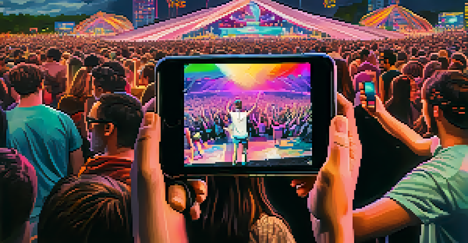 Concert-goers at a music festival using smartphones to view augmented reality visuals over a live performance.