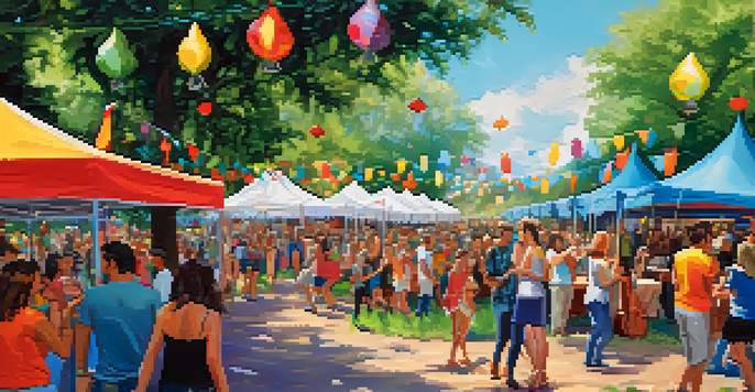 A lively outdoor music festival in Austin with people dancing, colorful tents, and a blue sky.