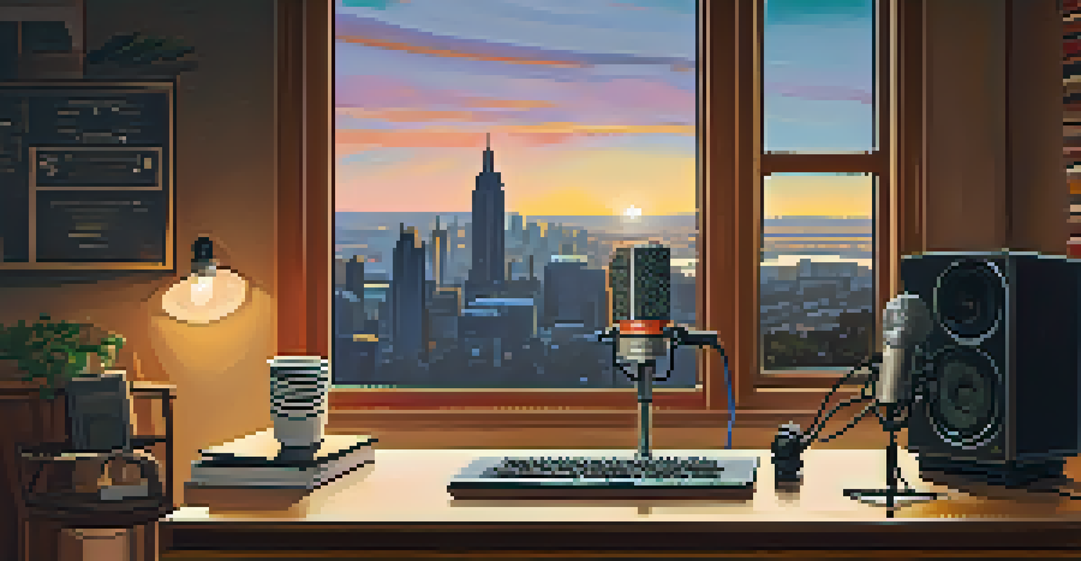 A cozy podcast recording studio with a microphone, notes, and coffee mugs, softly lit and featuring soundproofing panels.