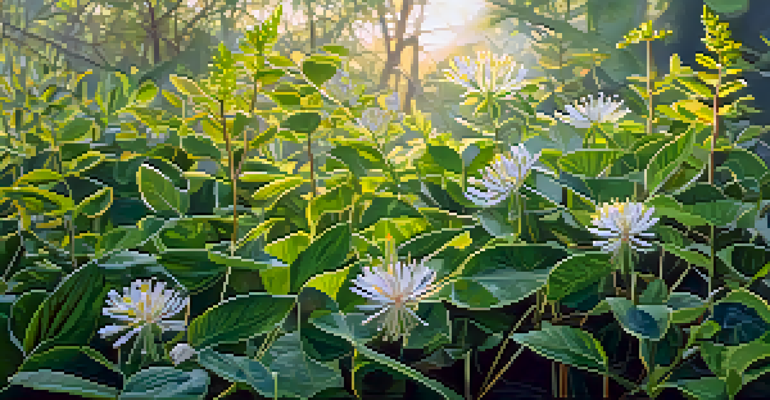 A close-up of diverse native plants and flowers in Austin's greenbelt, illuminated by soft morning light.