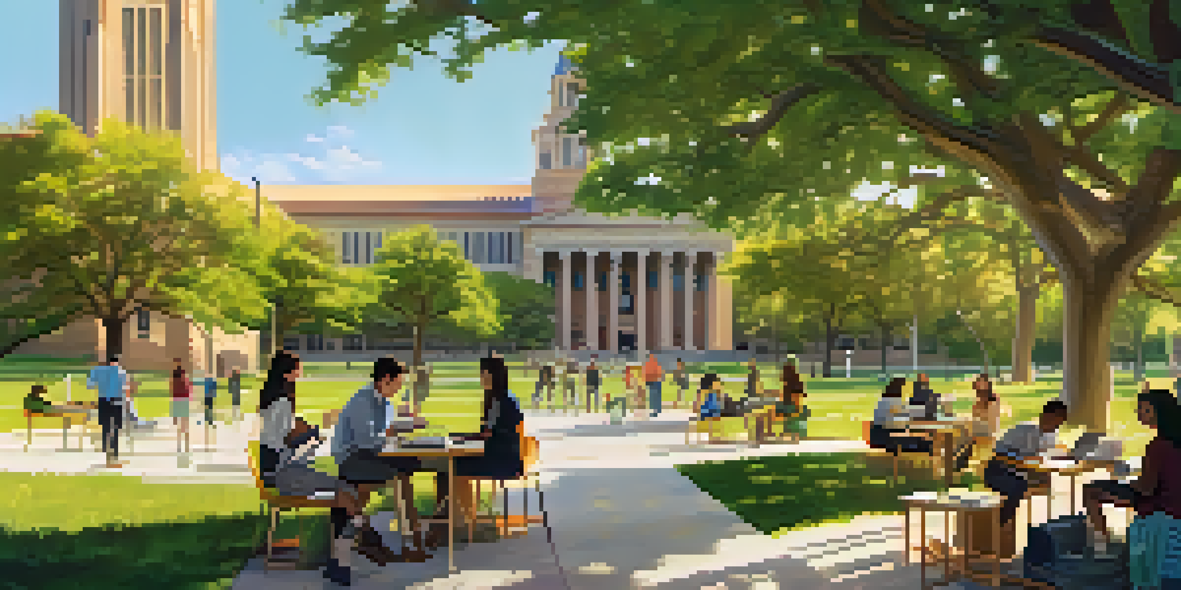 A diverse group of students working together on a laptop with the UT Austin tower in the background, under a sunny sky.