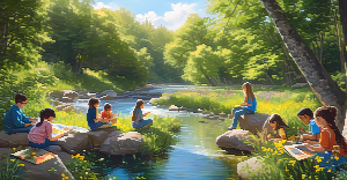 Students learning about ecosystems by a river in a bright outdoor classroom setting, surrounded by nature.
