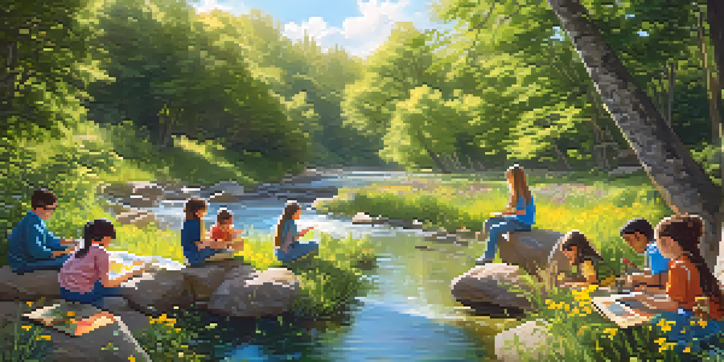 Students learning about ecosystems by a river in a bright outdoor classroom setting, surrounded by nature.