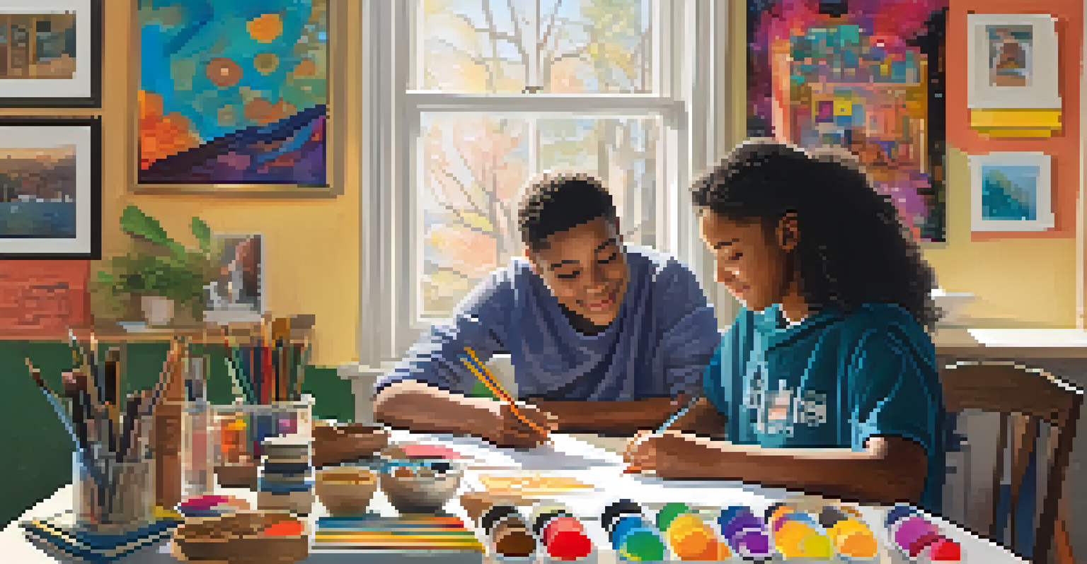 A mentor working with a young person on a creative arts project in a cozy room filled with colorful artwork and art supplies.