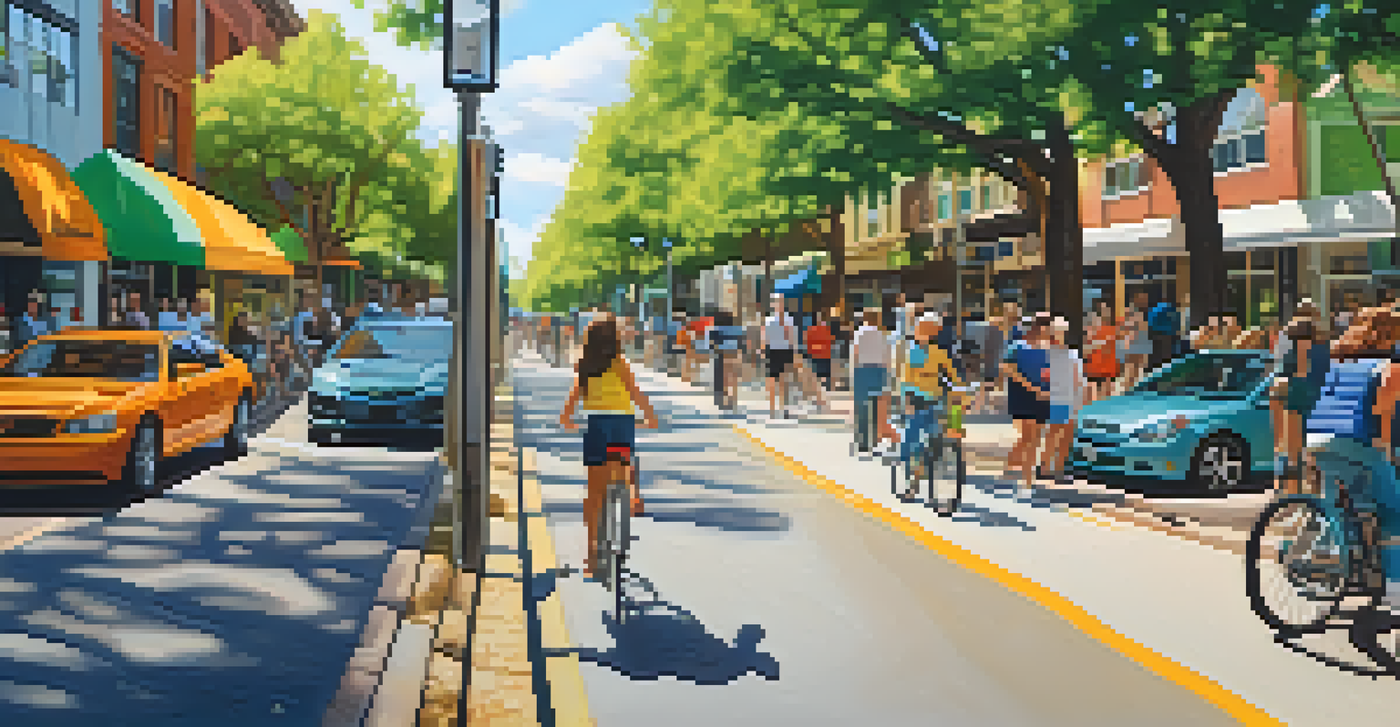 A lively bike lane in Austin with cyclists and pedestrians, surrounded by greenery and colorful street art.