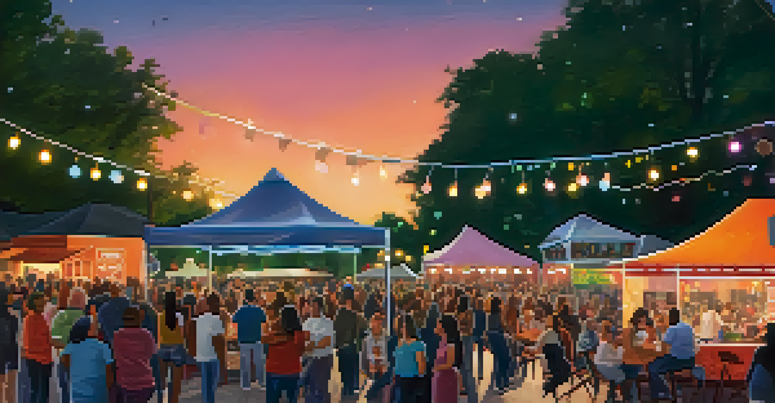 A lively cultural event in a park with live music, dancing crowd, and food trucks under colorful lights.