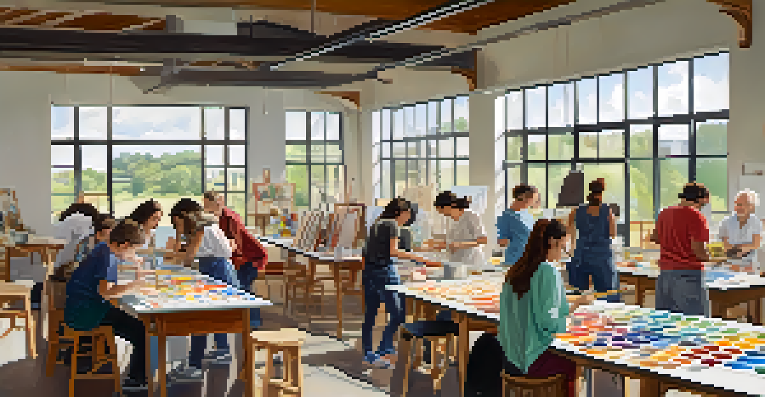 A vibrant art workshop with people of all ages creating a mural together, surrounded by art supplies and natural light.