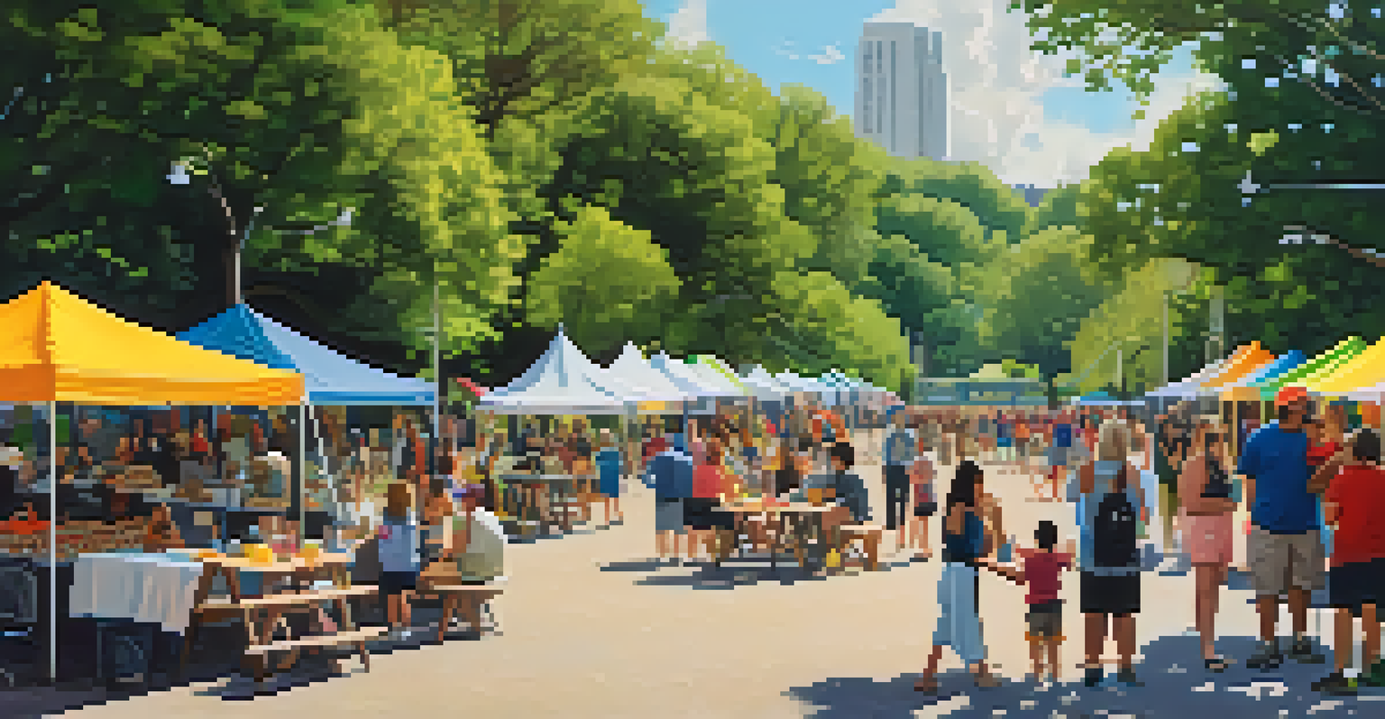 A lively community event in Travis Heights Park with families, food trucks, and local artists.