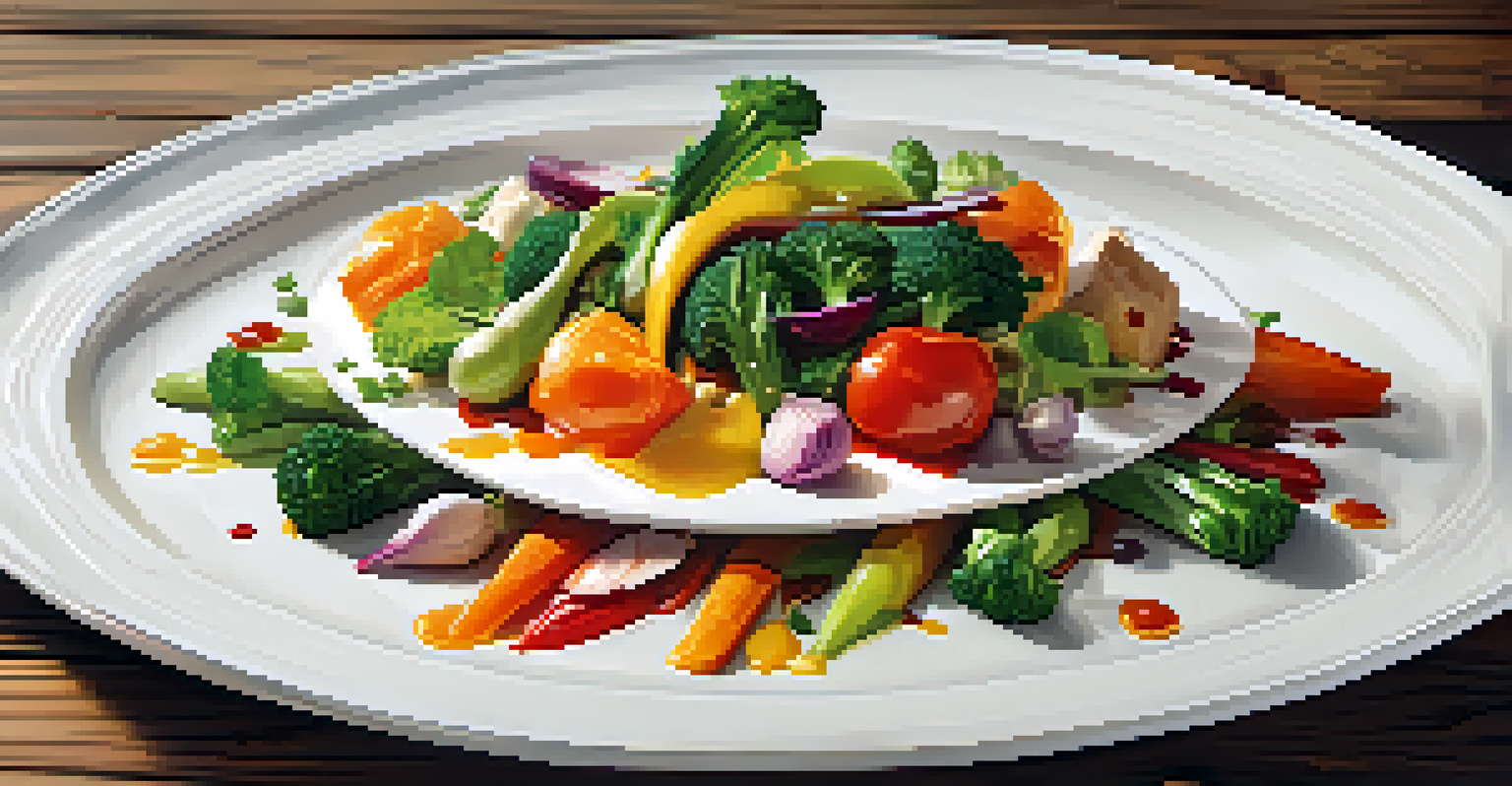An elegant gourmet dish artfully plated with colorful vegetables and protein, set on a rustic wooden table with soft natural lighting.