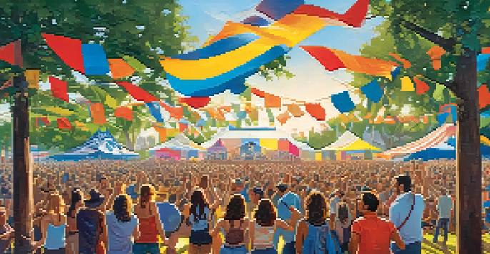 A lively outdoor festival scene with diverse attendees dancing and enjoying music, vibrant flags in the background, and a brightly lit stage.