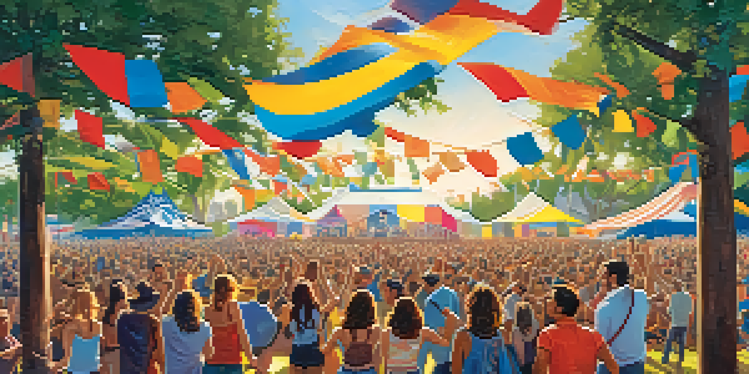 A lively outdoor festival scene with diverse attendees dancing and enjoying music, vibrant flags in the background, and a brightly lit stage.