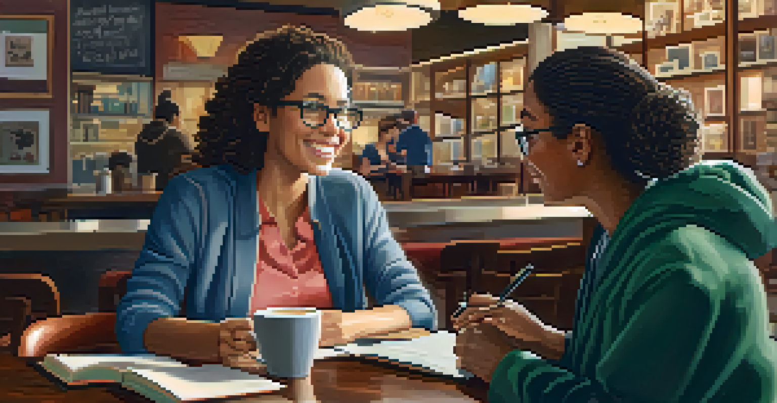 A mentor and mentee discussing over a laptop in a cozy coffee shop setting.
