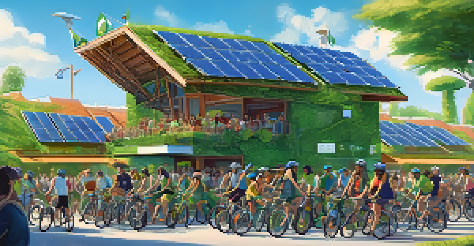 An eco-friendly festival venue with solar panels and attendees biking. The scene includes bike racks and decorations promoting sustainability, against a clear blue sky.