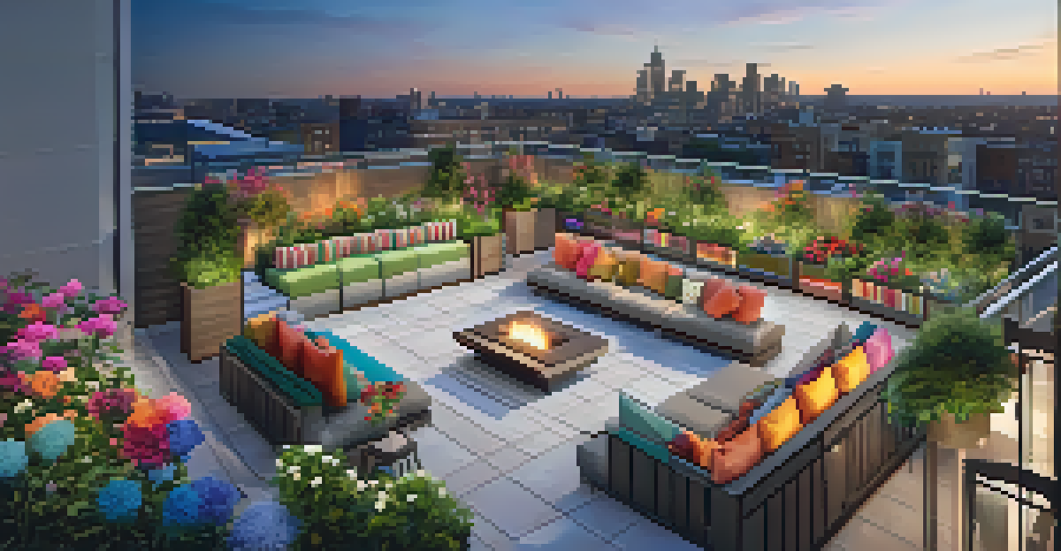 A rooftop garden in a multi-family housing complex with residents socializing and enjoying the skyline view, surrounded by colorful flowers and seating.