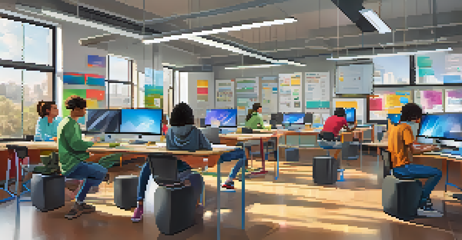 A diverse group of students collaborating in a modern classroom filled with technology-related materials.