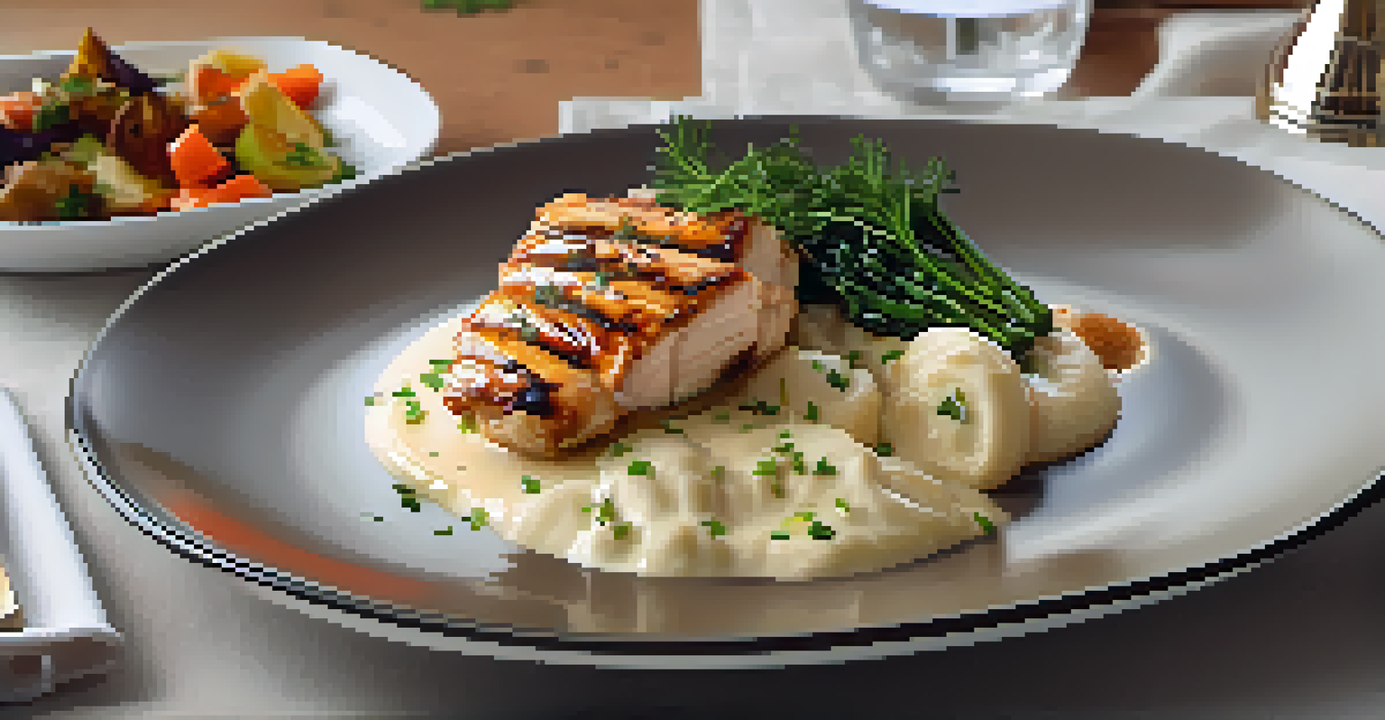 A sleek glass plate with layered grilled chicken, creamy mashed potatoes, and sautéed vegetables, garnished with herbs and sauce.