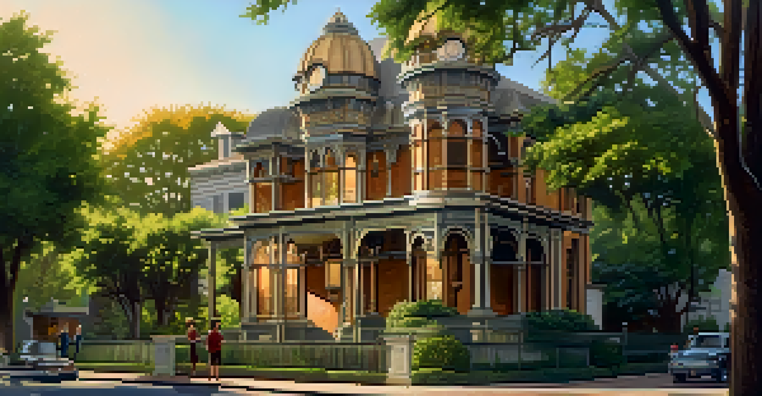 A restored Victorian-style building in Austin surrounded by greenery, with a walking tour group admiring it in soft golden afternoon light.
