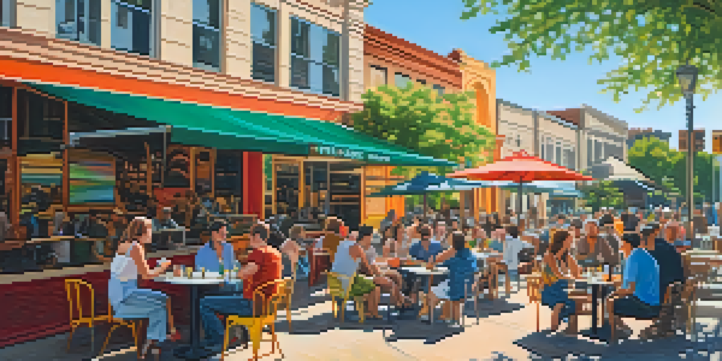 A lively outdoor café in Austin with colorful murals, musicians, and patrons enjoying their time in the sunlight.
