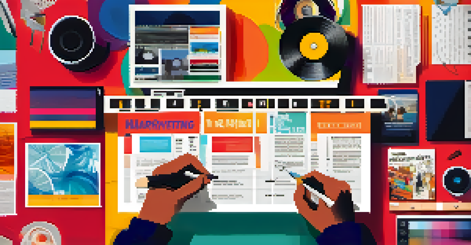 A close-up of a designer's hands working on a colorful film poster on a digital tablet, surrounded by sketches and color swatches.