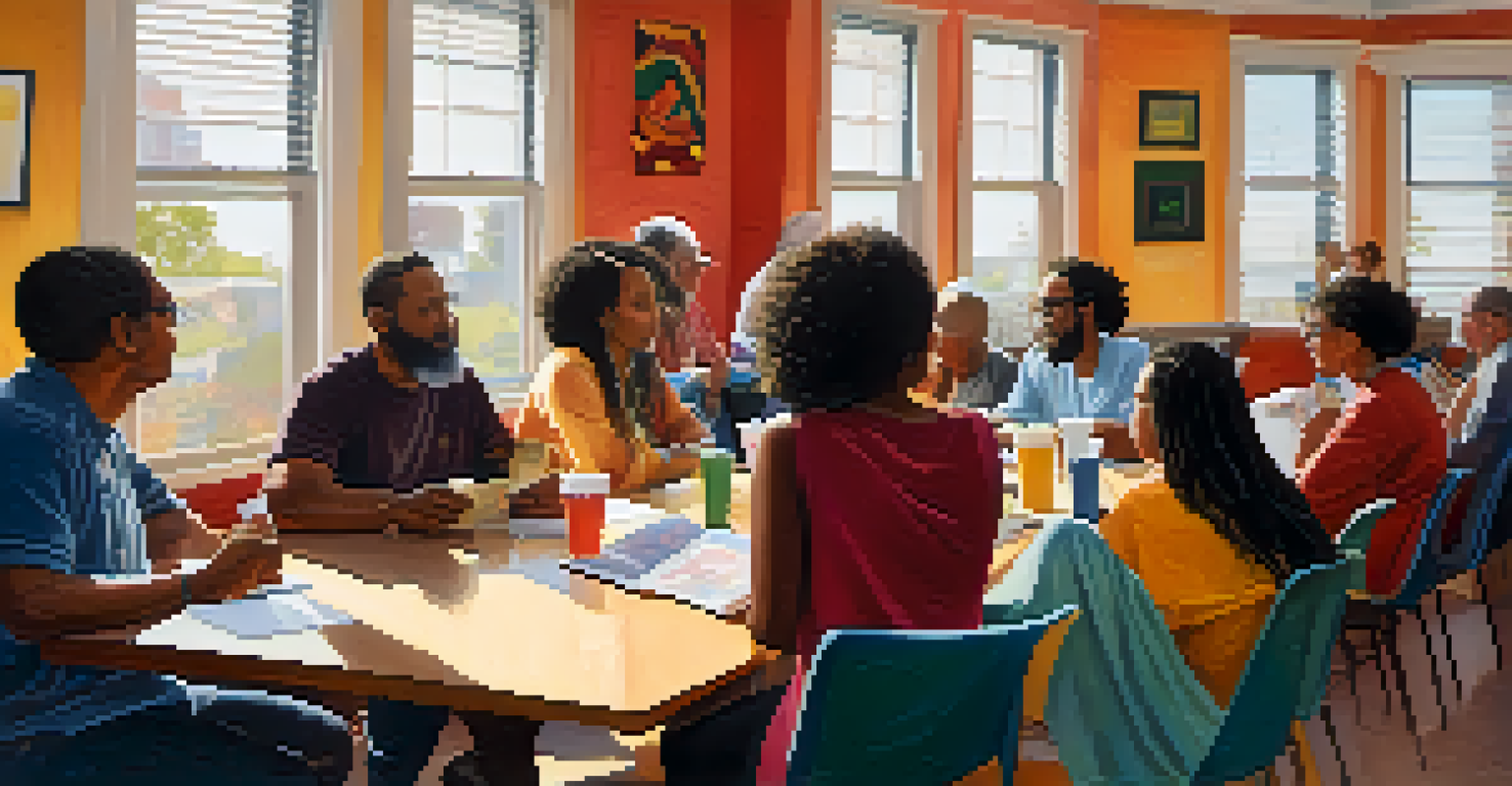 A diverse group of people in Austin engaged in a community meeting about local policies, surrounded by art and natural light.