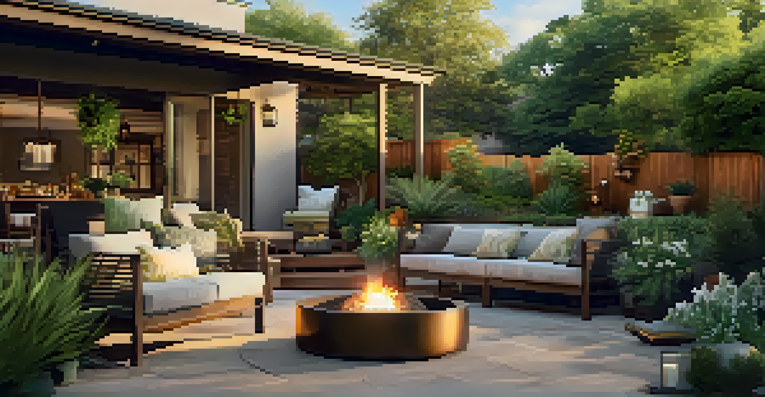 A cozy outdoor living area in a backyard with comfortable furniture, a fire pit, and greenery, illuminated by warm sunset light.