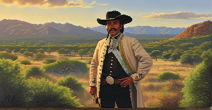 A historical figure, Juan Seguín, stands in a Texas landscape holding a flag, dressed in 19th-century attire with a bright blue sky behind him.