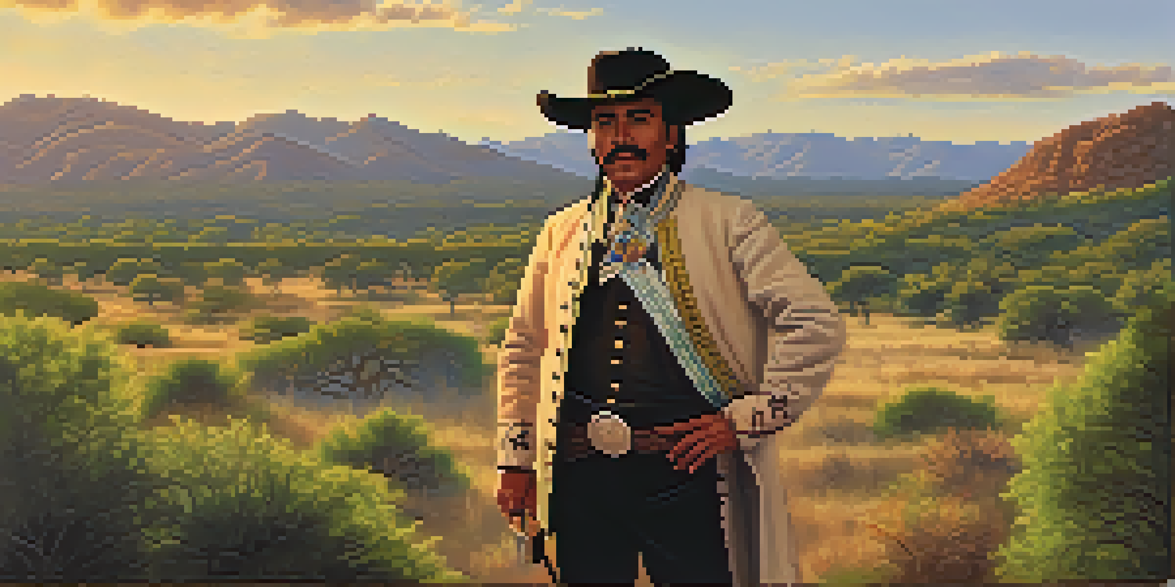 A historical figure, Juan Seguín, stands in a Texas landscape holding a flag, dressed in 19th-century attire with a bright blue sky behind him.