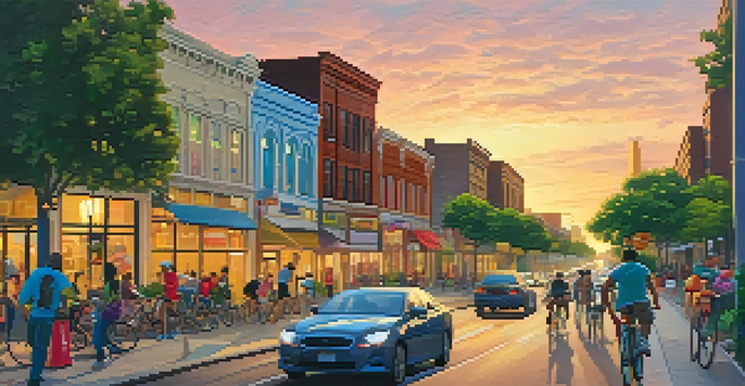 A busy street in Austin with cyclists and pedestrians enjoying the outdoors, surrounded by greenery and colorful murals.