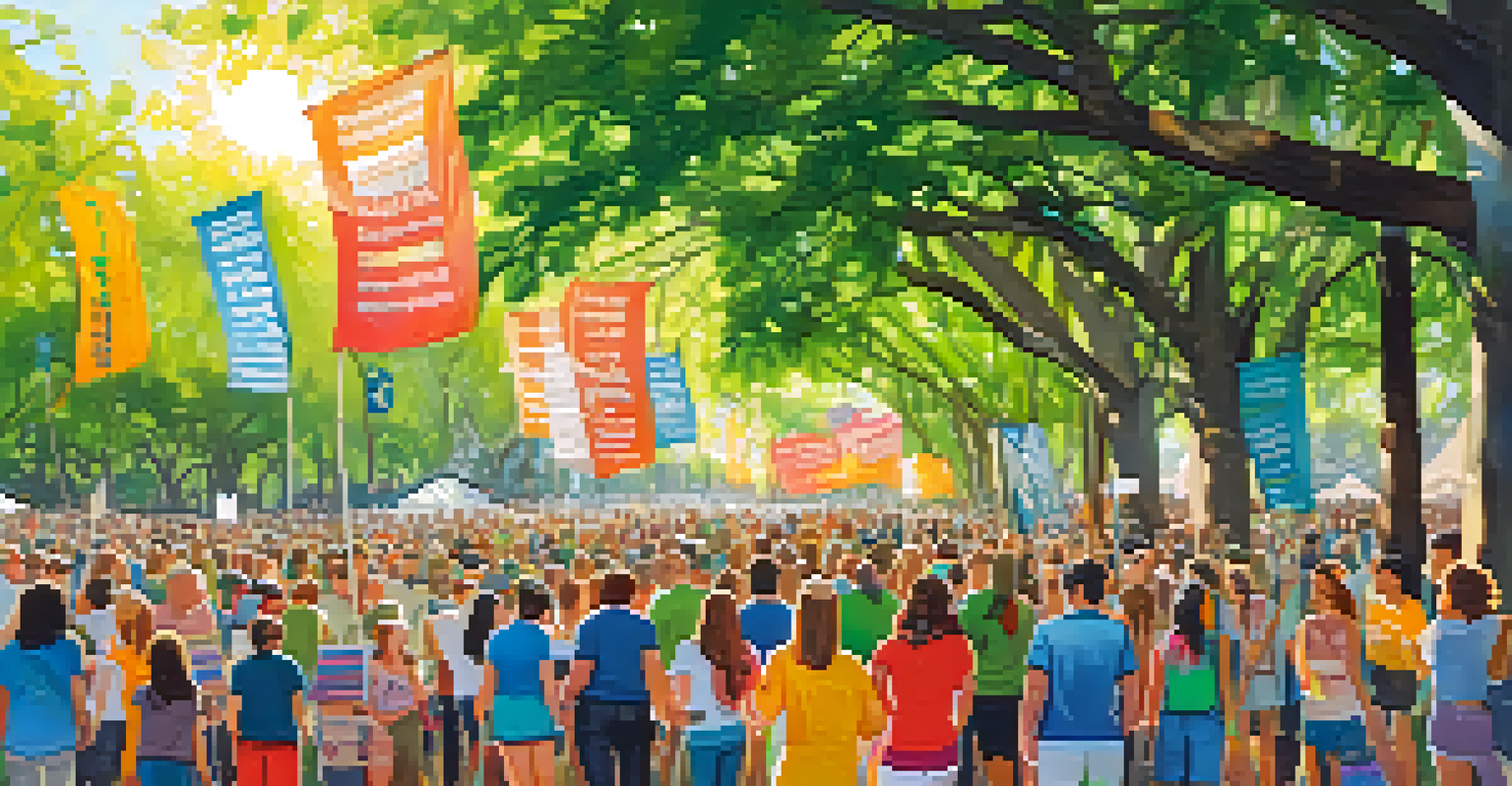 Participants at a modern environmental rally in a lush park in Austin, holding colorful banners and smiling under the sunlight filtering through the trees.