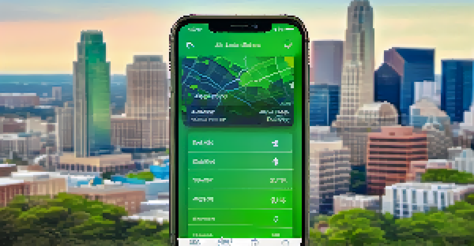 A close-up of a smartphone showing a mobile app interface with air quality and recycling information, set against a blurred cityscape background.
