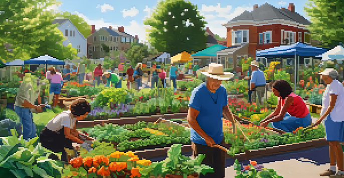 A diverse group of people collaborating in a colorful community garden, surrounded by flourishing plants and vegetables.
