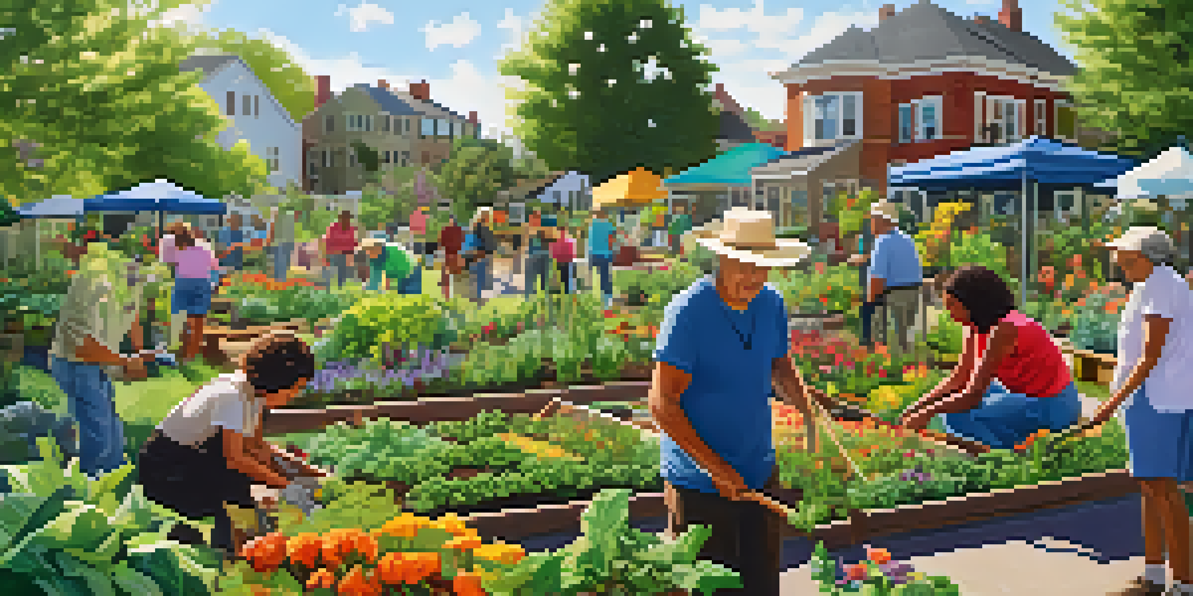A diverse group of people collaborating in a colorful community garden, surrounded by flourishing plants and vegetables.