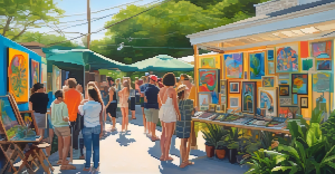 An outdoor art festival in East Austin featuring colorful studios and artists interacting with visitors.