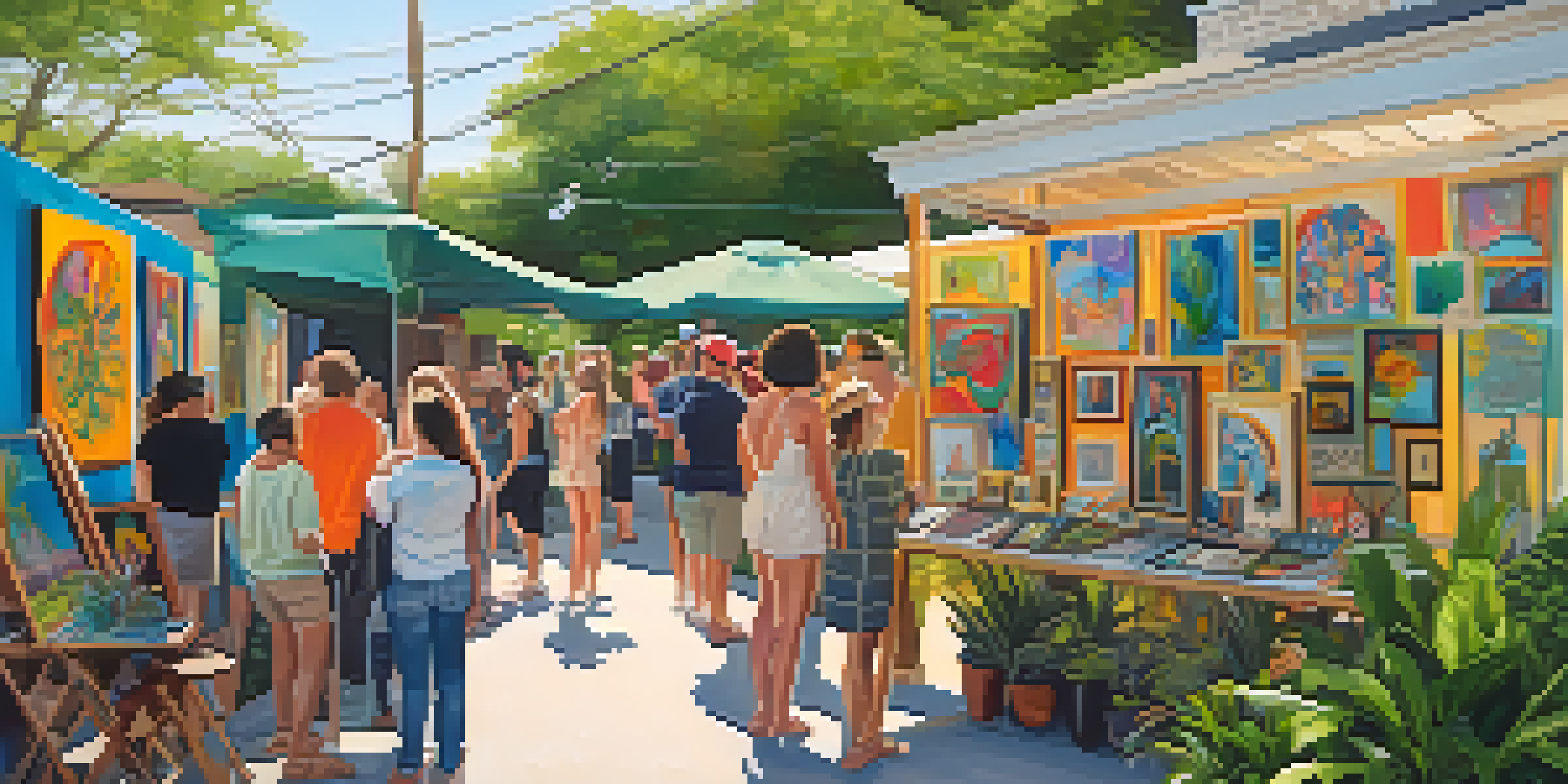 An outdoor art festival in East Austin featuring colorful studios and artists interacting with visitors.