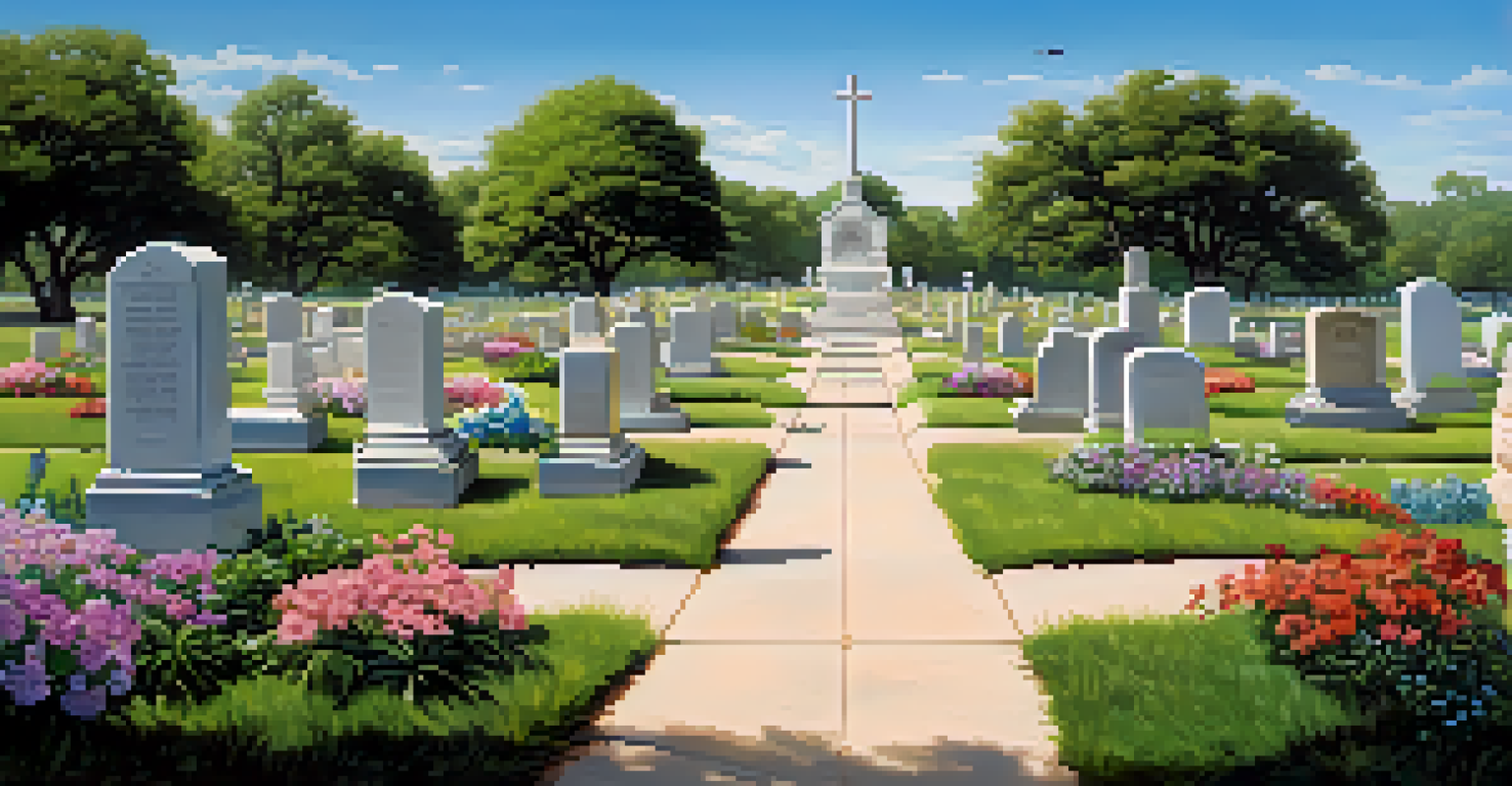 A peaceful scene of the Texas State Cemetery with gravestones and greenery under a blue sky.