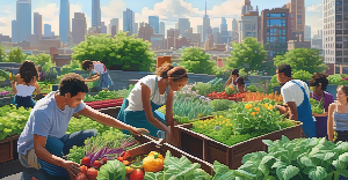 A rooftop urban garden with colorful plants and a city skyline in the background, featuring diverse individuals gardening together.
