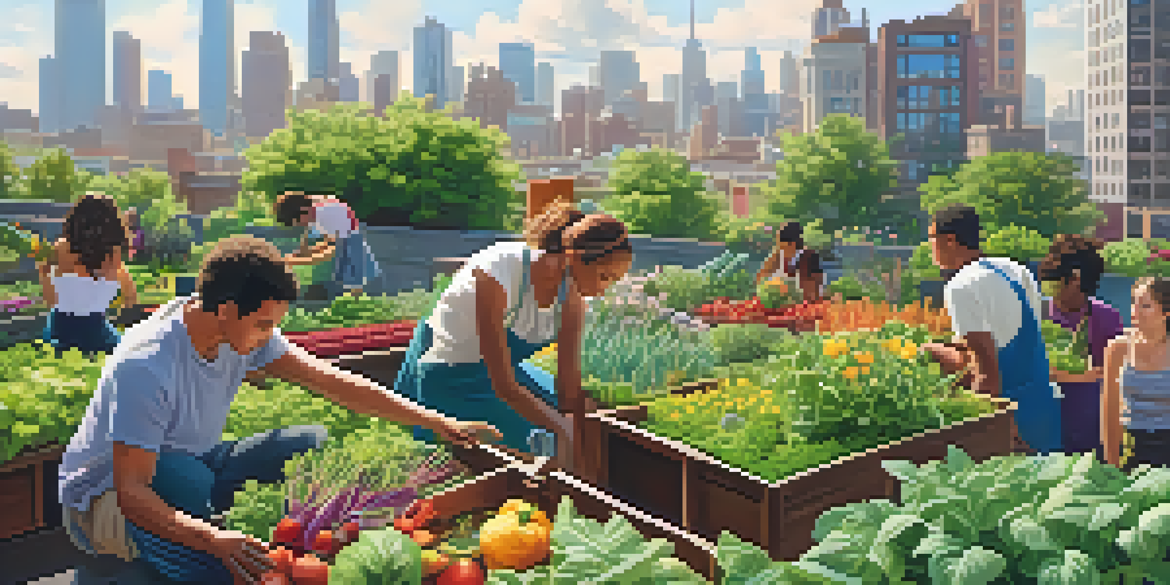 A rooftop urban garden with colorful plants and a city skyline in the background, featuring diverse individuals gardening together.