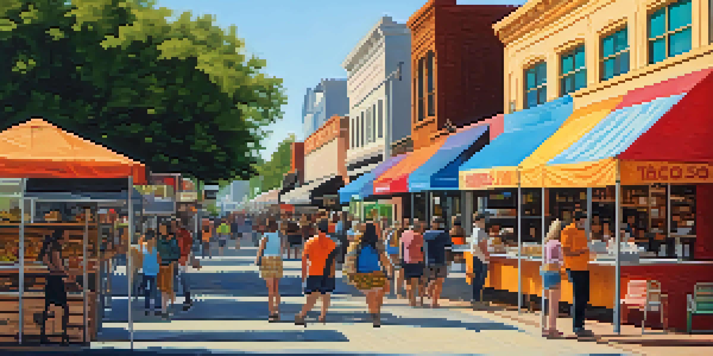 A busy food market on South Congress Avenue with colorful food trucks and people enjoying gourmet tacos and donuts in the warm sunlight.