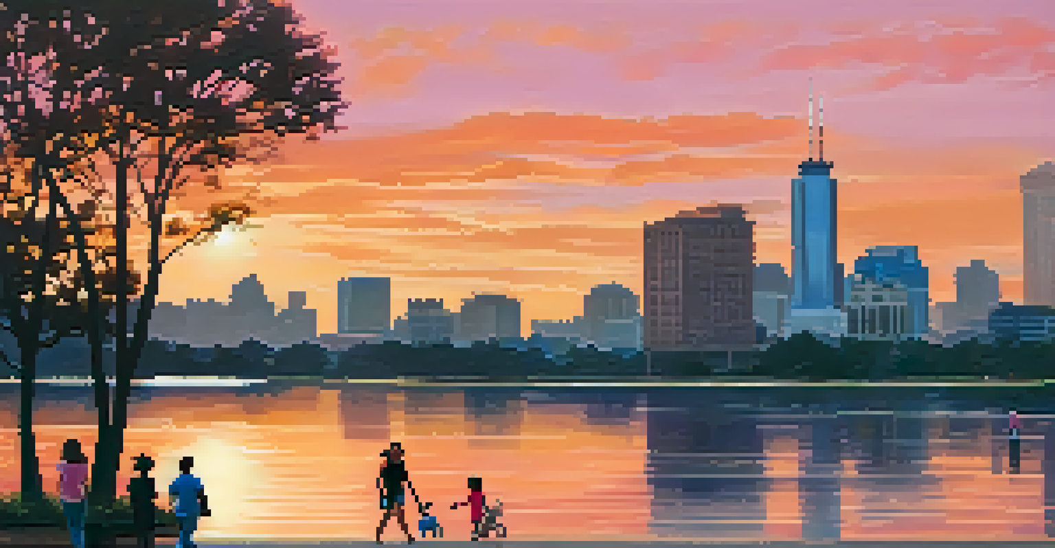 A family walking along Lady Bird Lake at sunset, with a city skyline in the background.