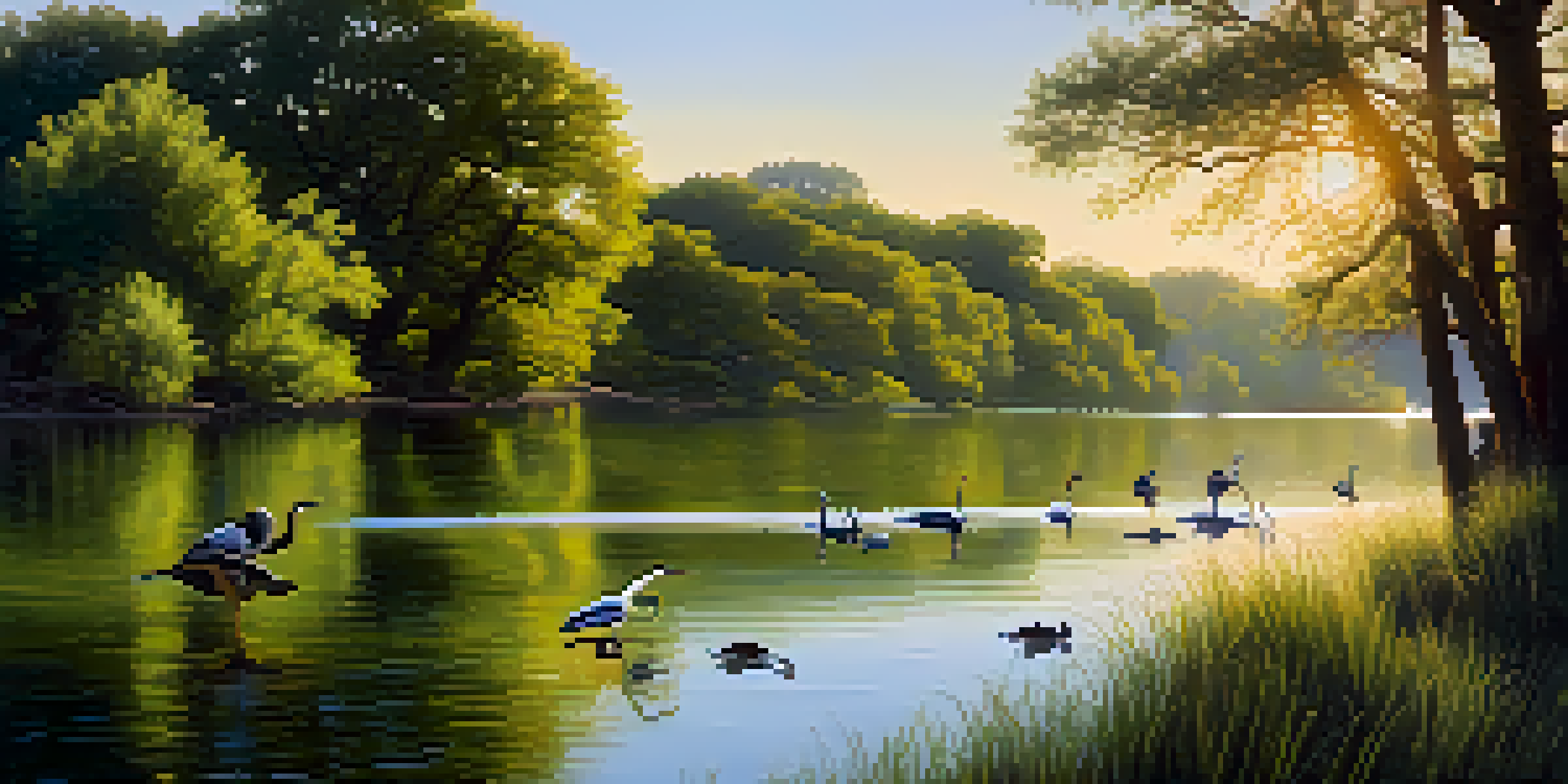 A peaceful morning at Lady Bird Lake with herons and ducks on the water, surrounded by greenery and birdwatchers.