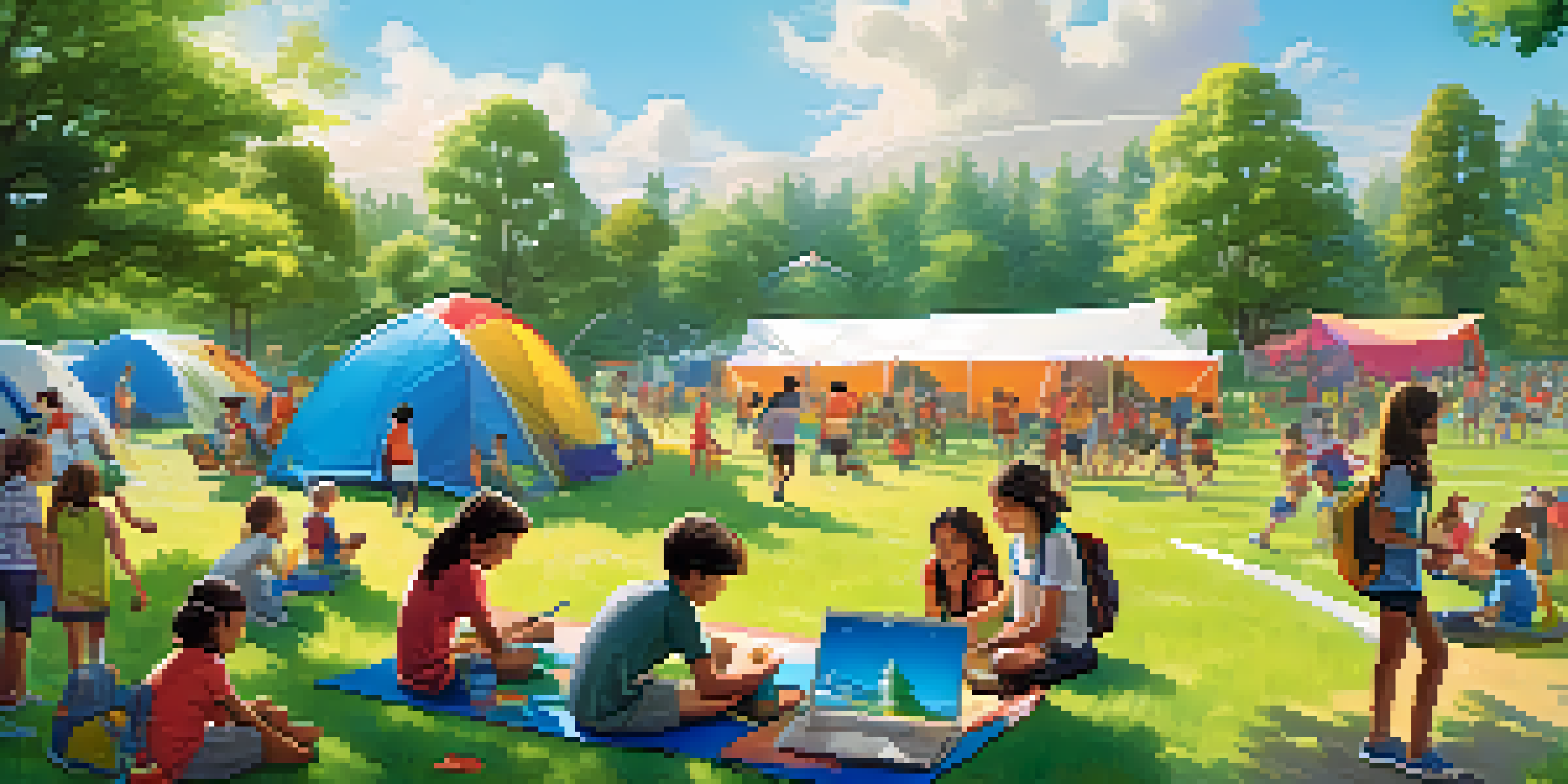 A lively summer camp scene with children painting, coding, and playing soccer in a green park with colorful tents and trees.