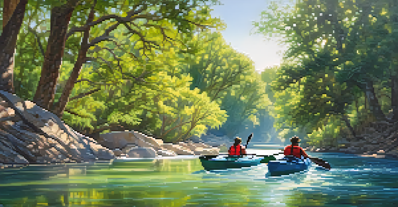 Kayakers fishing in the clear waters of the San Marcos River, surrounded by lush trees and wildlife.