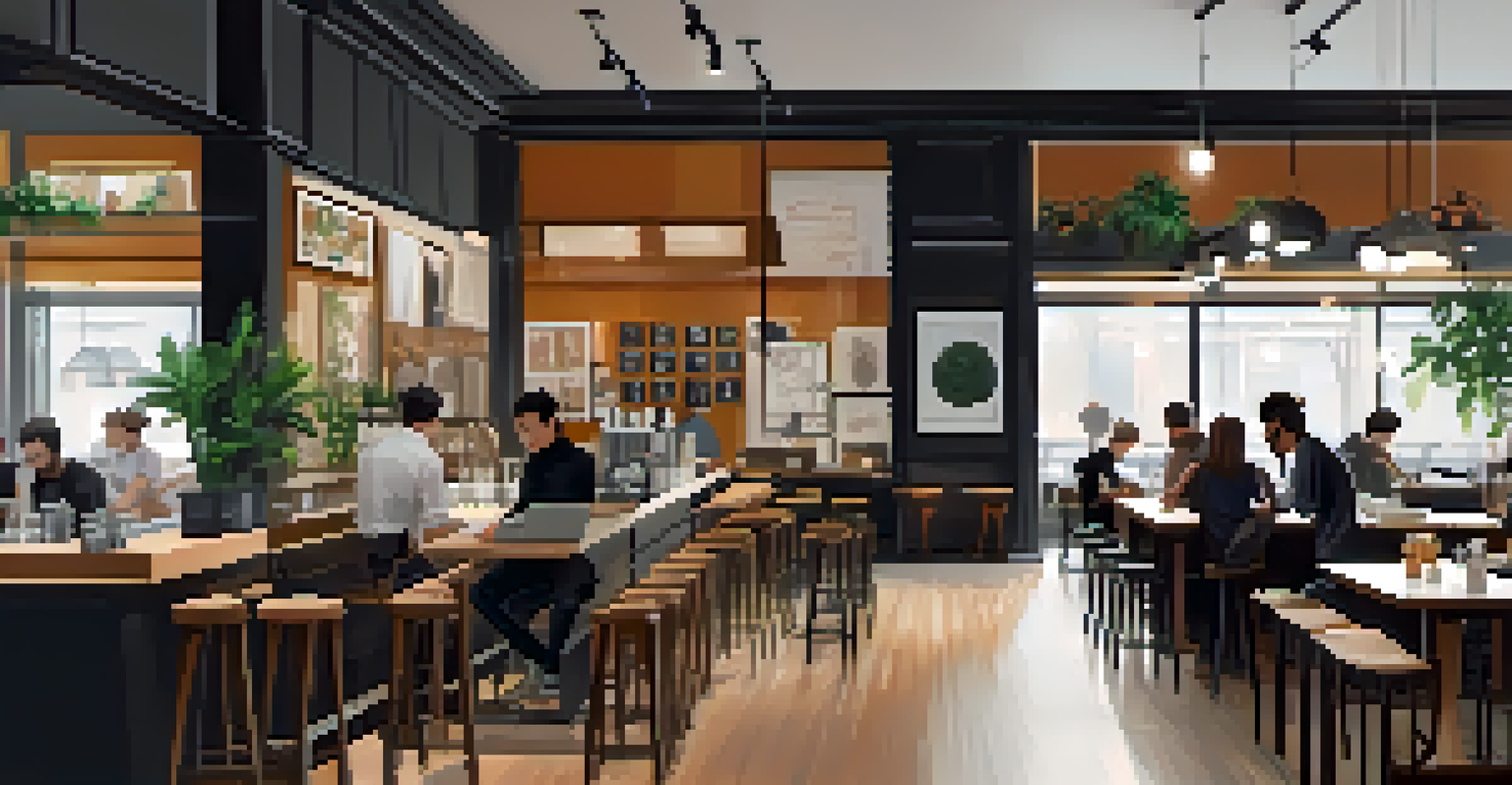 A minimalist café interior with patrons working on laptops and a barista preparing coffee.